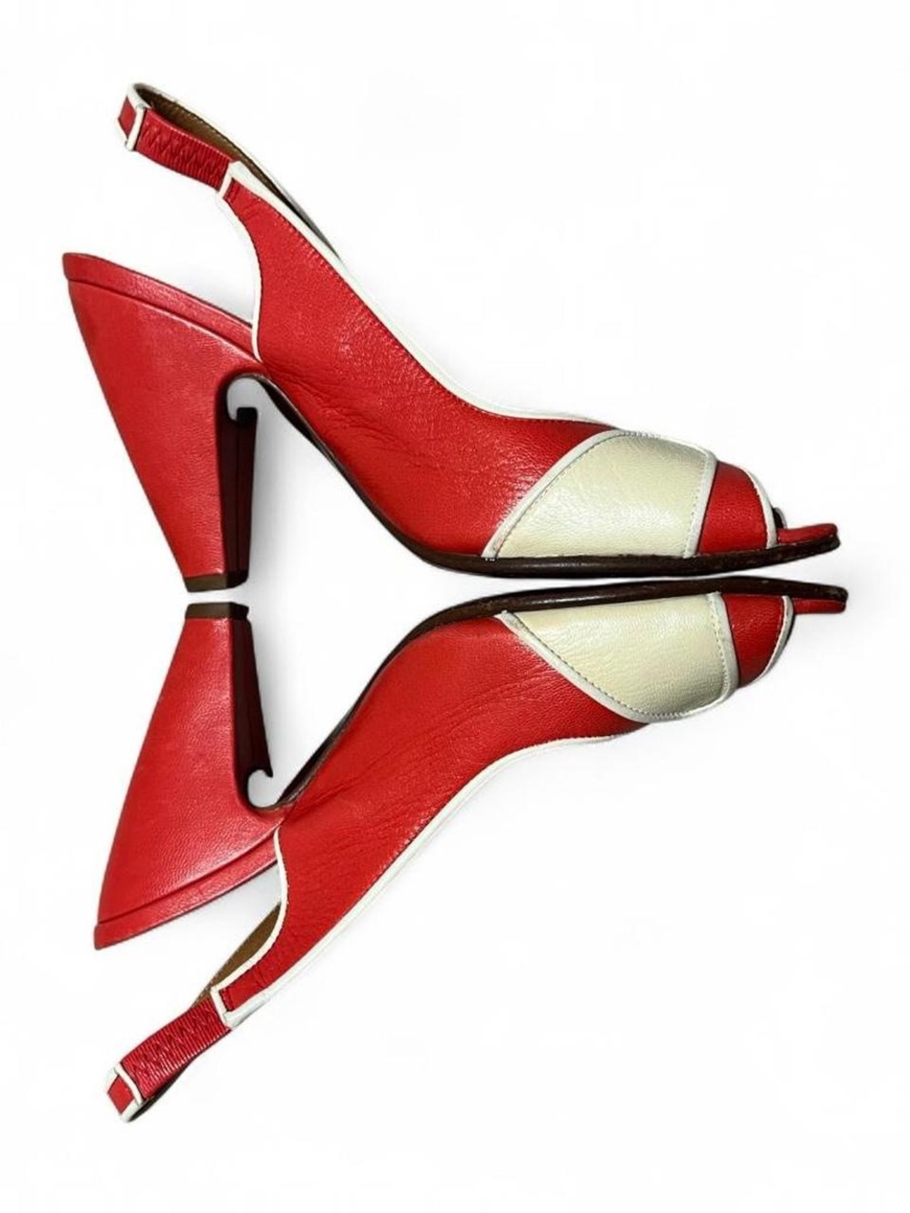Designer Chie Mihara Retro Leather Red Cream Brown Slingback Peep-Toe Heels - Picture 3 of 6